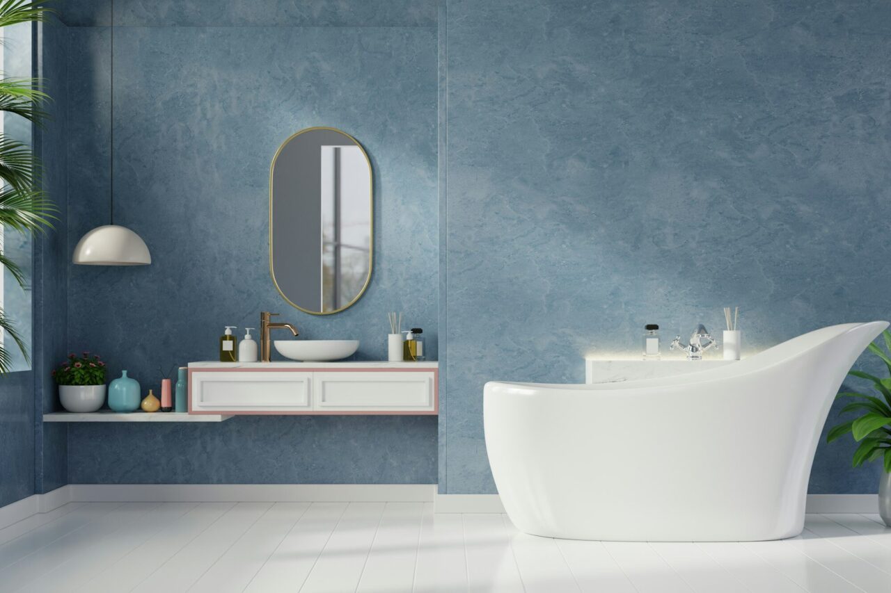 modern bathroom interior design on dark blue wall .jpg