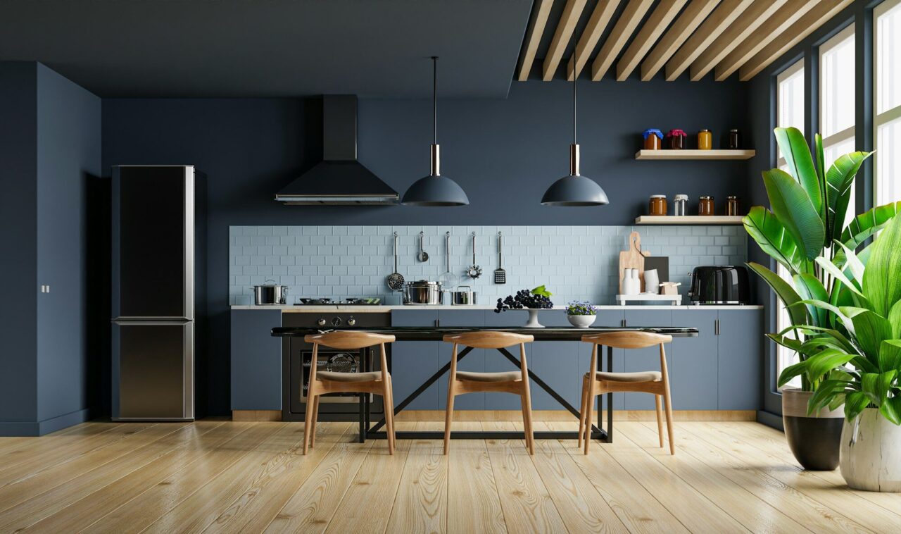 modern style kitchen interior design with dark blue wall .jpg